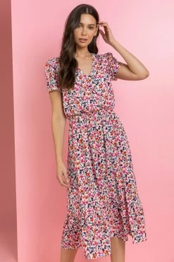 Roman Pink Ditsy Floral Tiered Midi Dress