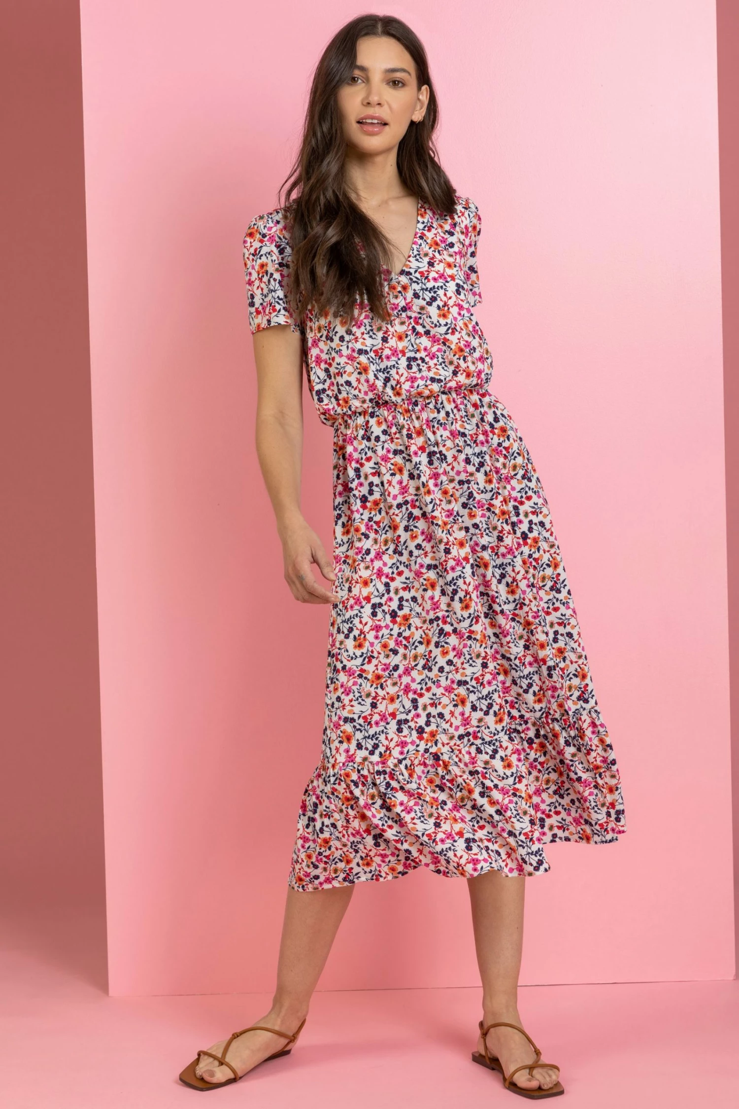 Roman Pink Ditsy Floral Tiered Midi Dress 5 Roman Pink Ditsy Floral Tiered Midi Dress - Image 3
