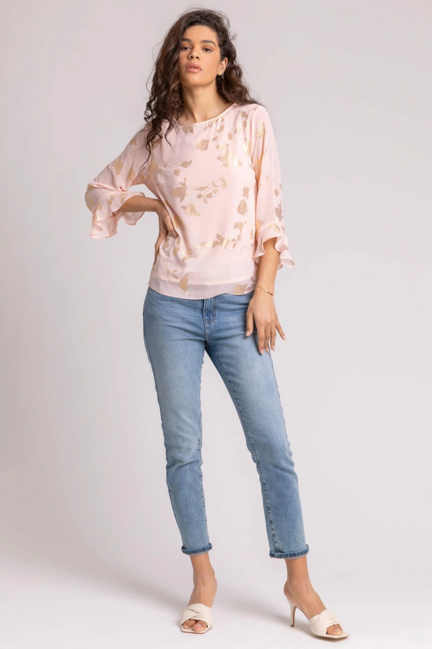 Roman Pink Floral Foil Chiffon Flared Sleeve Top 5 Roman Pink Floral Foil Chiffon Flared Sleeve Top - Image 3