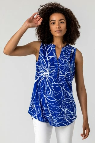 Roman Blue Leaf Puff Print Button Blouse 7 Roman Blue Leaf Puff Print Button Blouse - Image 5