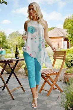 Roman White Floral Print Asymmetric Tunic Top