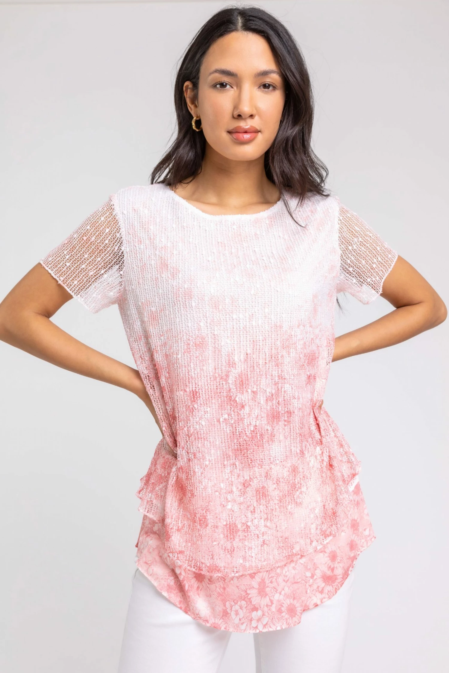 Roman Pink Floral Sequin Mesh Overlay Print Top 3 Roman Pink Floral Sequin Mesh Overlay Print Top