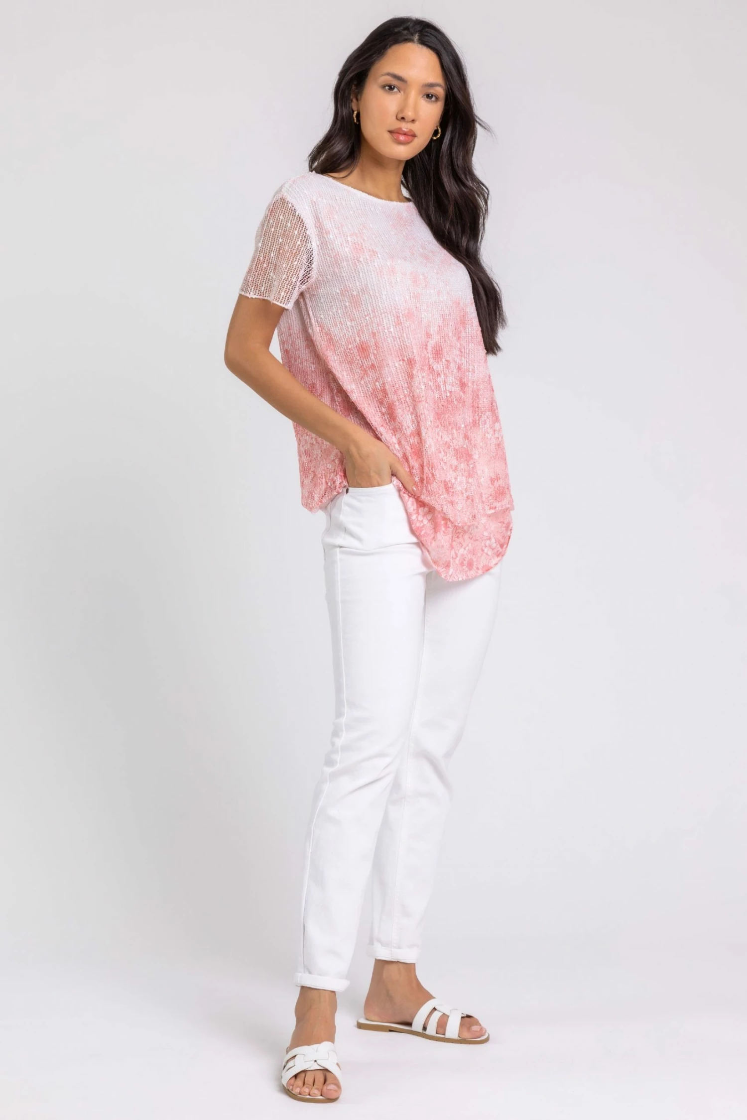 Roman Pink Floral Sequin Mesh Overlay Print Top 4 Roman Pink Floral Sequin Mesh Overlay Print Top - Image 2