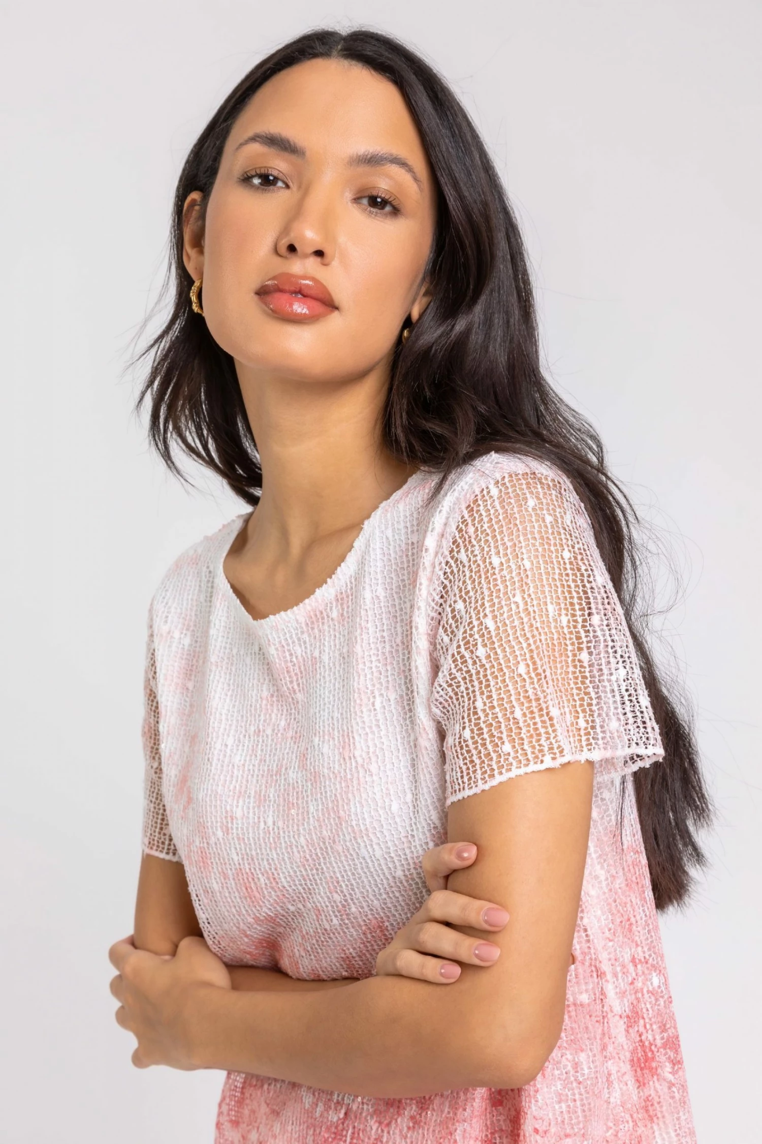 Roman Pink Floral Sequin Mesh Overlay Print Top 6 Roman Pink Floral Sequin Mesh Overlay Print Top - Image 4
