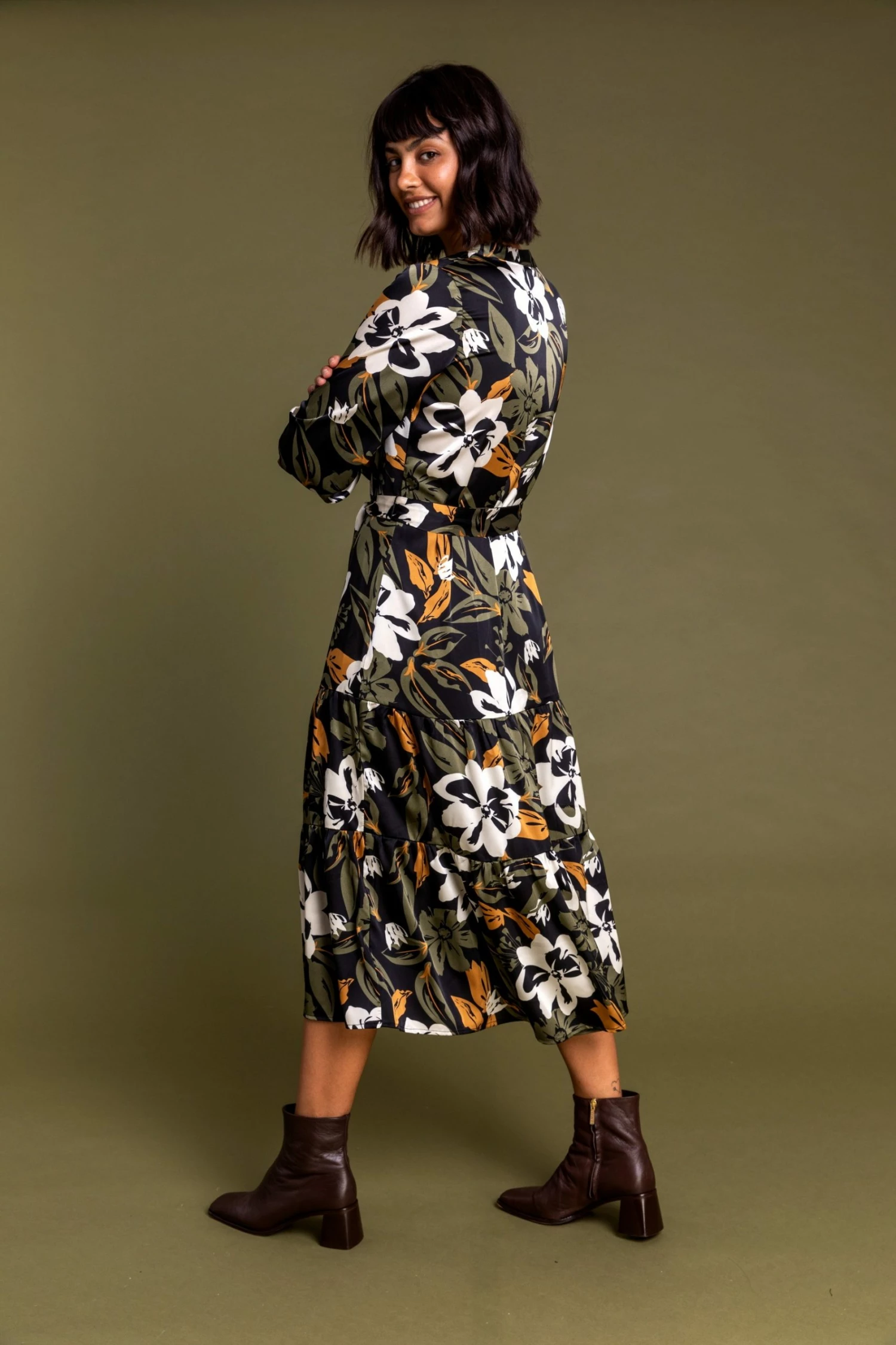 Roman Khaki Floral Print Midi Length Shirt Dress 4 Roman Khaki Floral Print Midi Length Shirt Dress - Image 2