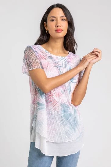 Roman Pink Floral Sequin Mesh Overlay Print Top 8 Roman Pink Floral Sequin Mesh Overlay Print Top - Image 6