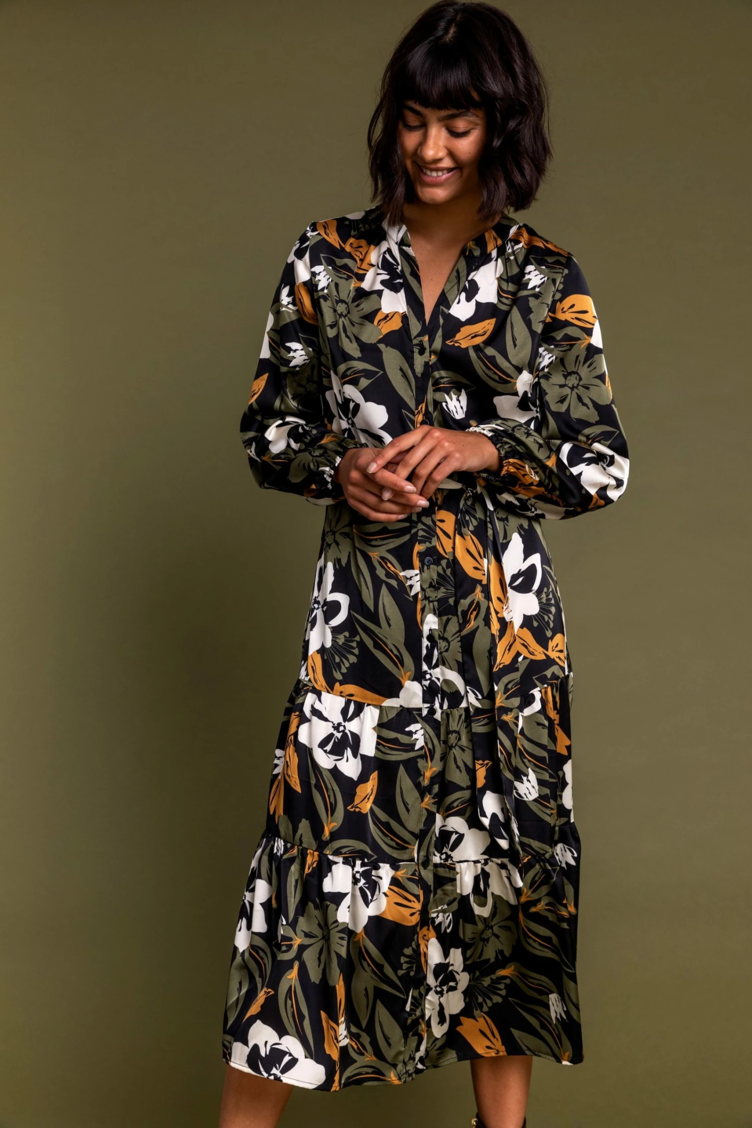 Roman Khaki Floral Print Midi Length Shirt Dress 6 Roman Khaki Floral Print Midi Length Shirt Dress - Image 4