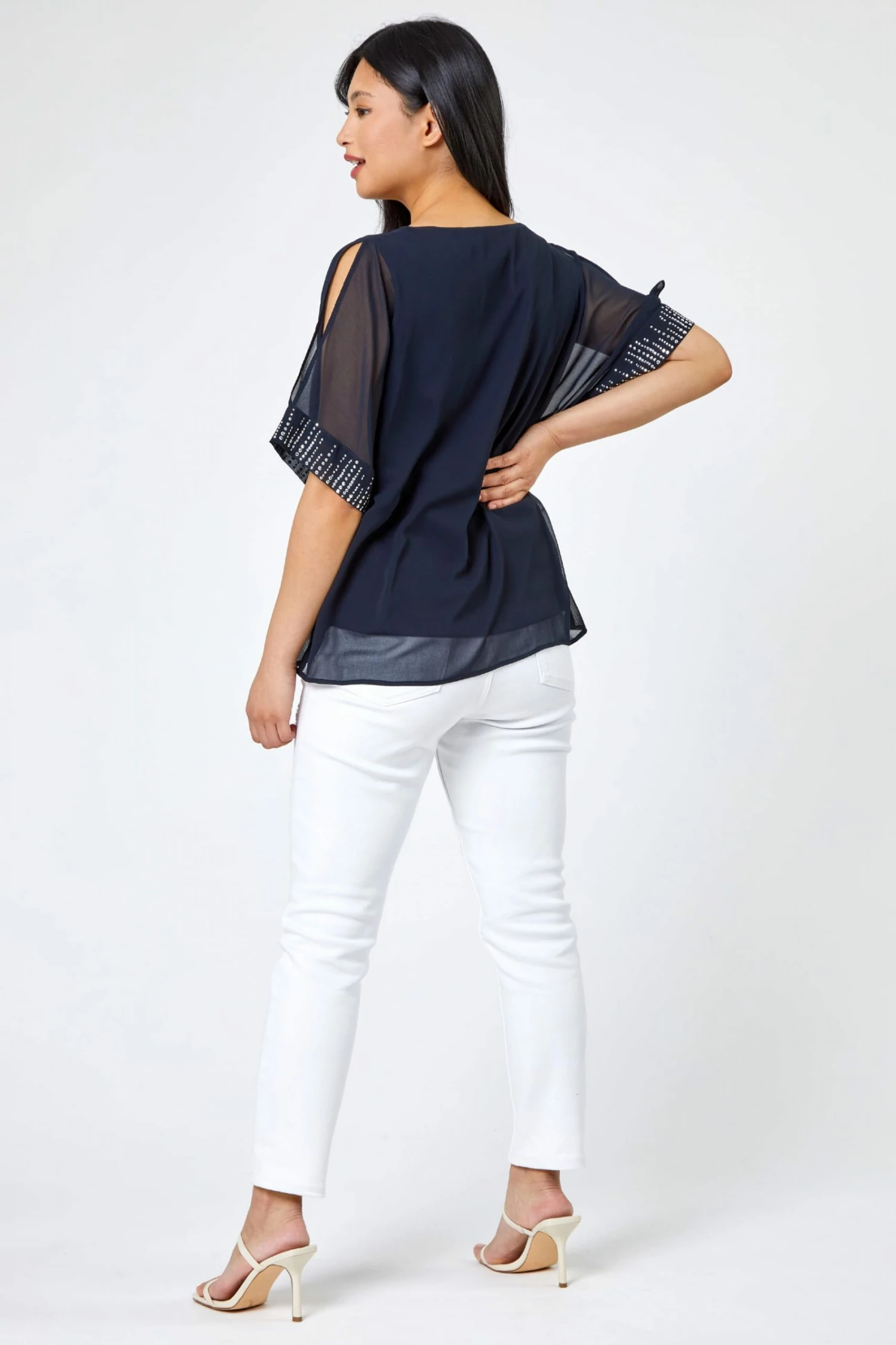 Roman Blue Petite Hotfix Detail Cold Shoulder Top 4 Roman Blue Petite Hotfix Detail Cold Shoulder Top - Image 2