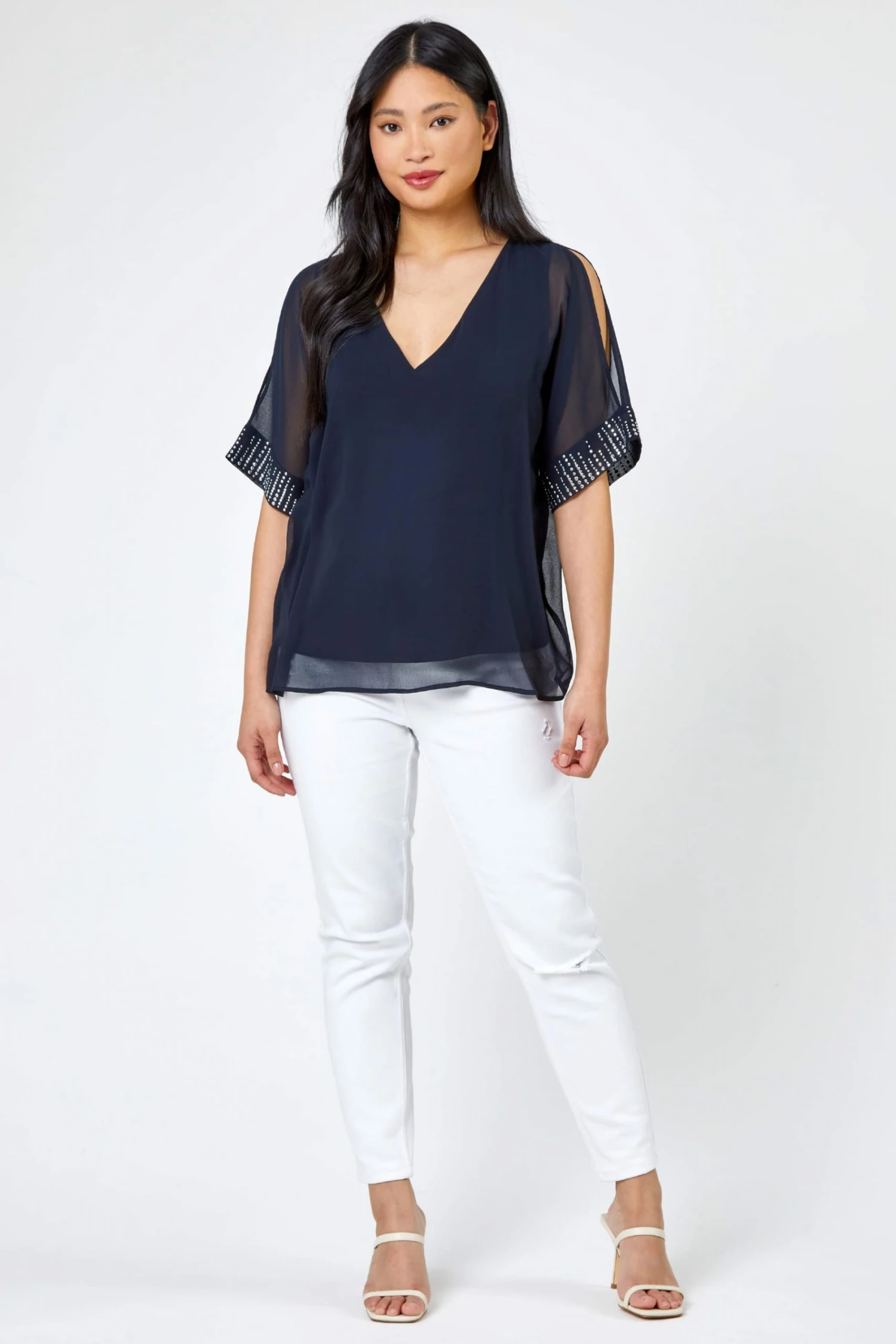 Roman Blue Petite Hotfix Detail Cold Shoulder Top 5 Roman Blue Petite Hotfix Detail Cold Shoulder Top - Image 3