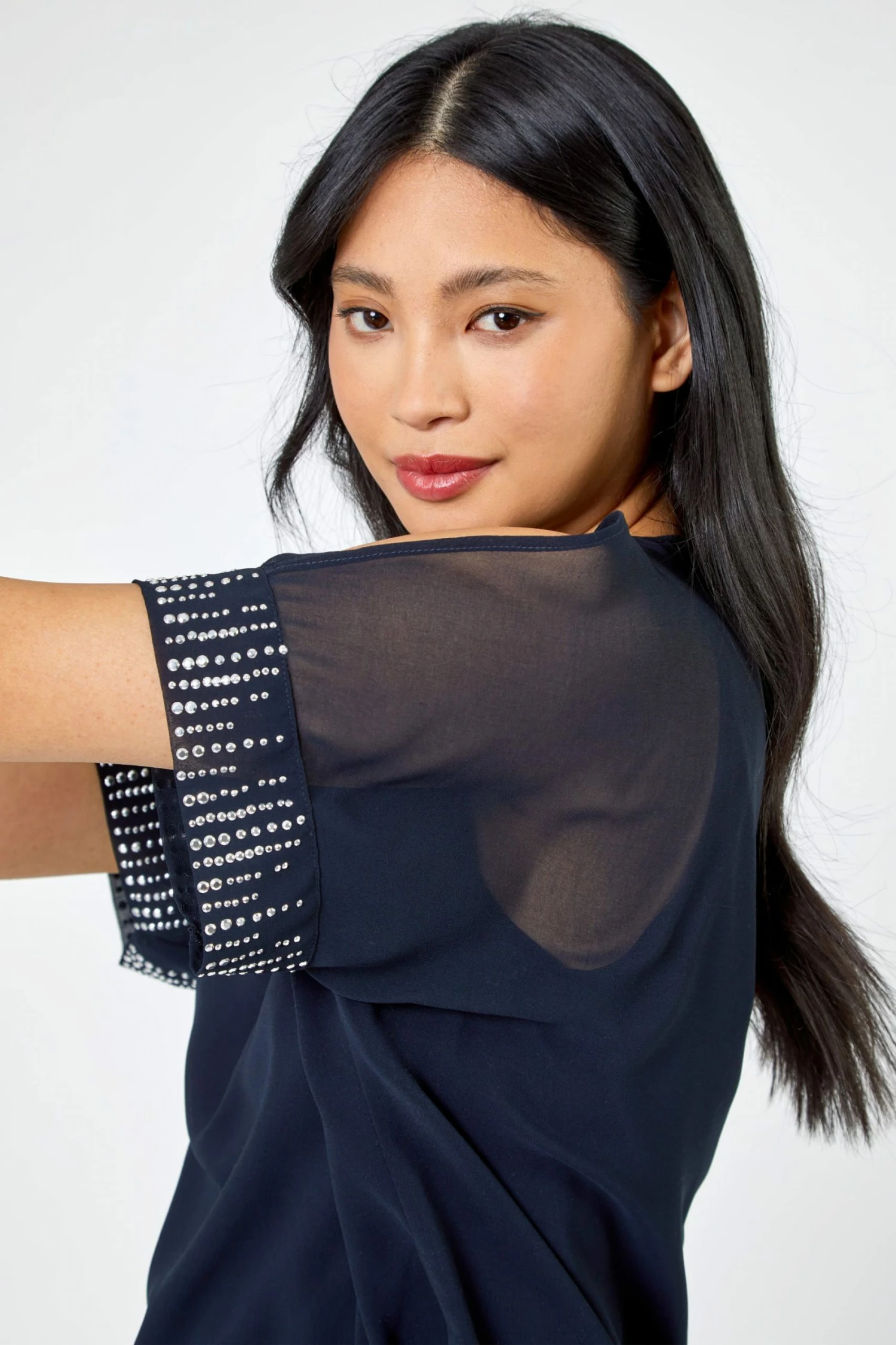 Roman Blue Petite Hotfix Detail Cold Shoulder Top 6 Roman Blue Petite Hotfix Detail Cold Shoulder Top - Image 4