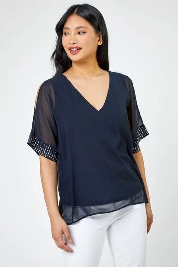 Roman Blue Petite Hotfix Detail Cold Shoulder Top 7 Roman Blue Petite Hotfix Detail Cold Shoulder Top - Image 5