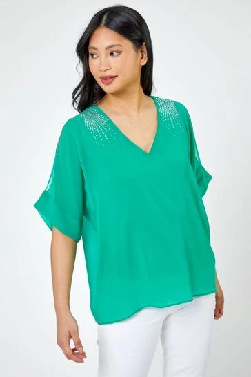 Roman Blue Petite Hotfix Detail Cold Shoulder Top 8 Roman Blue Petite Hotfix Detail Cold Shoulder Top - Image 6