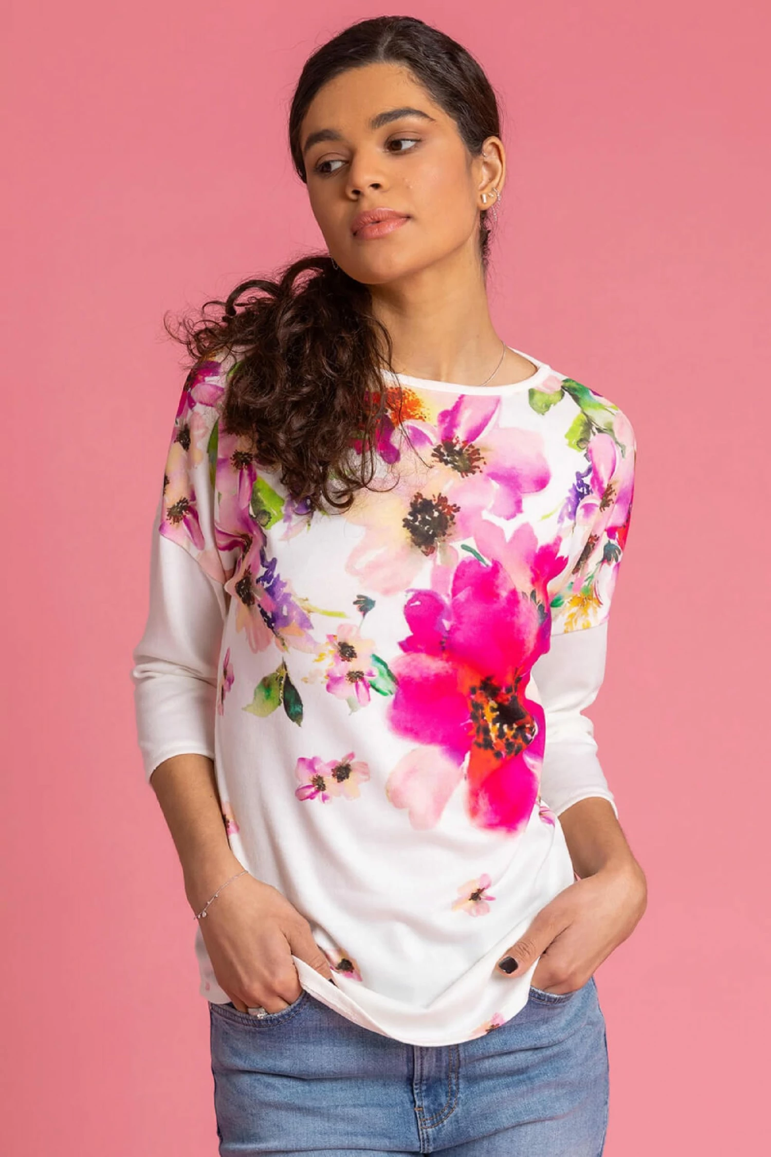 Roman White Bold Floral Print Drop Shoulder Top 3 Roman White Bold Floral Print Drop Shoulder Top