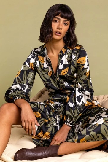 Roman Khaki Floral Print Midi Length Shirt Dress 7 Roman Khaki Floral Print Midi Length Shirt Dress - Image 5