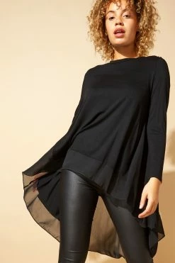 Roman Black Originals Chiffon Detail Dipped Hem Top