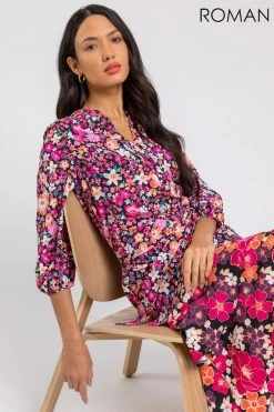 Roman Pink Mixed Floral Frill Hem Midi Dress