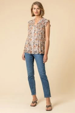 Roman Orange Floral Print Pintuck Detail Top -Roman Sales Shop unnamed file 5447