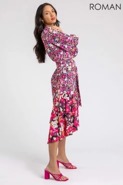 Roman Pink Mixed Floral Frill Hem Midi Dress -Roman Sales Shop unnamed file 545