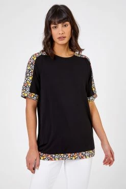 Roman Black Floral Print Contrast Jersey Top