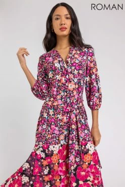 Roman Pink Mixed Floral Frill Hem Midi Dress -Roman Sales Shop unnamed file 546