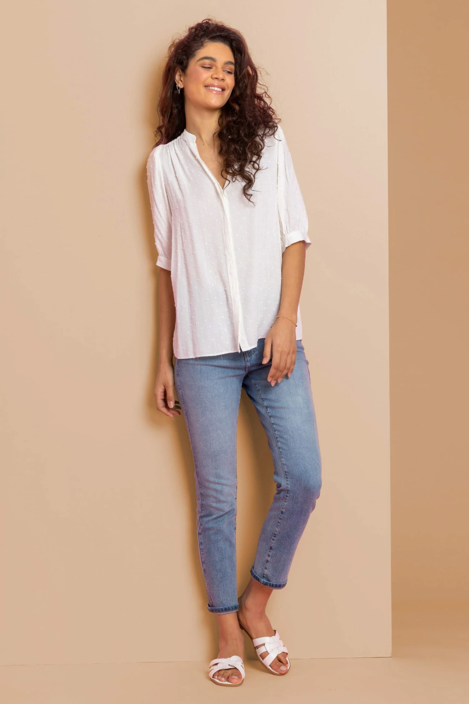 Roman White Textured Spot Notch Neck Blouse 5 Roman White Textured Spot Notch Neck Blouse - Image 3