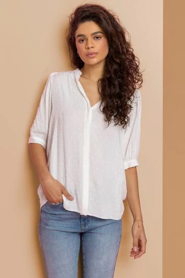 Roman White Textured Spot Notch Neck Blouse 7 Roman White Textured Spot Notch Neck Blouse - Image 5