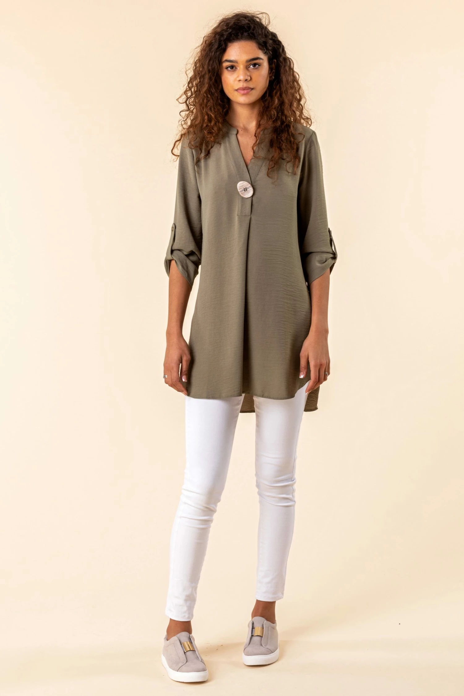 Roman Green Longline Button Detail Tunic Top 5 Roman Green Longline Button Detail Tunic Top - Image 3
