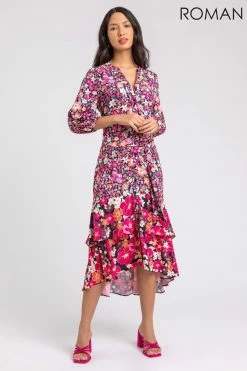 Roman Pink Mixed Floral Frill Hem Midi Dress -Roman Sales Shop unnamed file 548