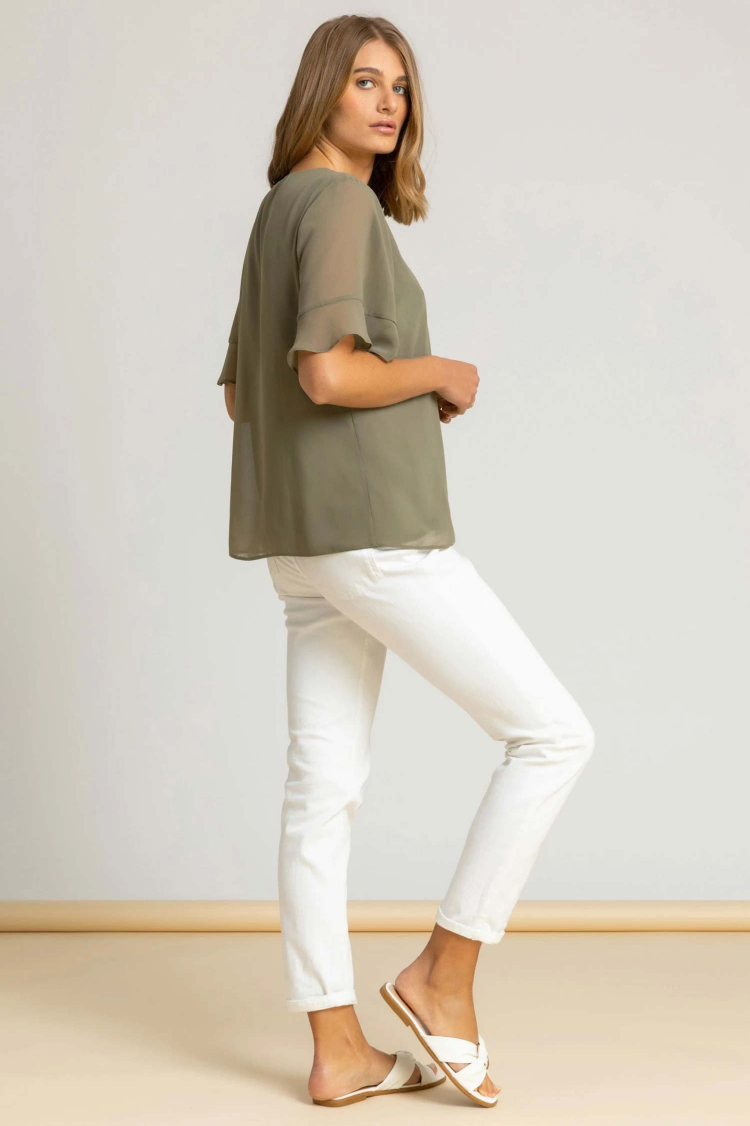 Roman Green Plain Frill Detail Chiffon Top 4 Roman Green Plain Frill Detail Chiffon Top - Image 2