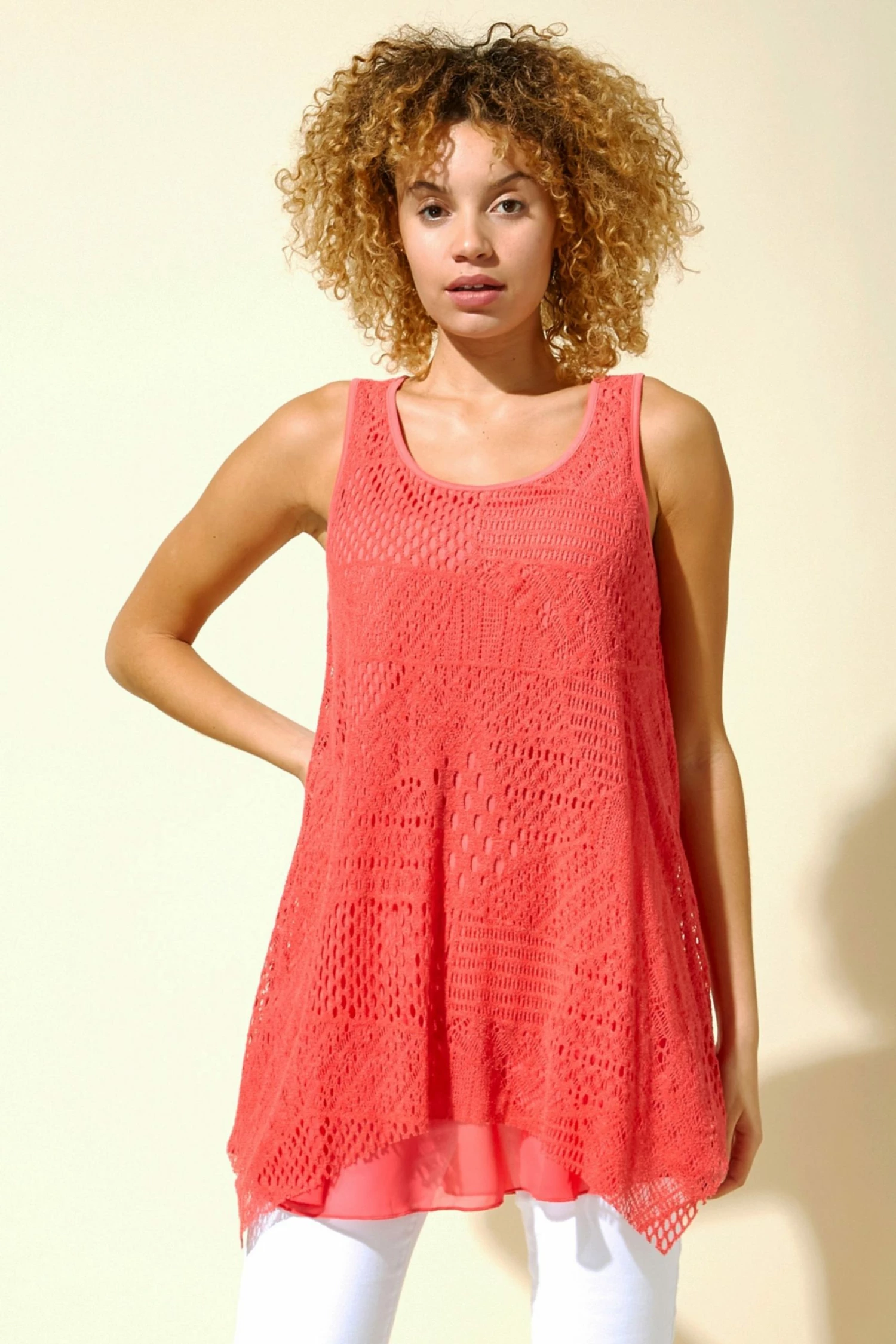 Roman Pink Lace Overlay Hanky Hem Vest Top 3 Roman Pink Lace Overlay Hanky Hem Vest Top