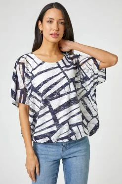 Roman Blue Abstract Burnout Print Bubble Hem Top