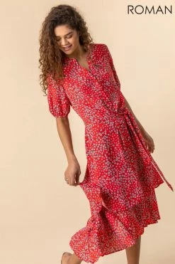 Roman Red Ditsy Floral Frill Hem Midi Dress