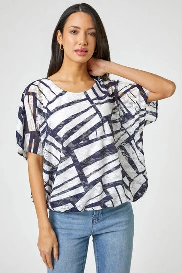 Roman Blue Abstract Burnout Print Bubble Hem Top 7 Roman Blue Abstract Burnout Print Bubble Hem Top - Image 5