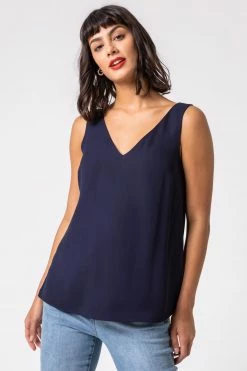 Roman Blue Plain V Neck Top