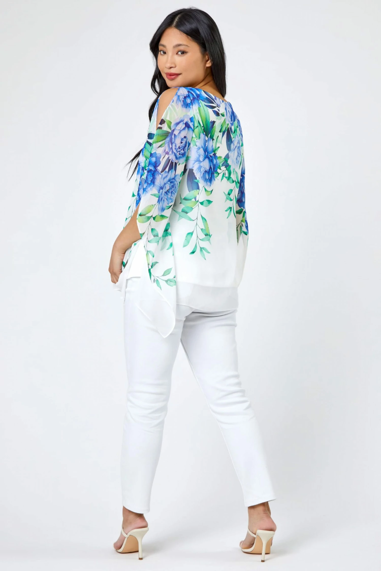 Roman White Petite Floral Print Cold Shoulder Top 4 Roman White Petite Floral Print Cold Shoulder Top - Image 2