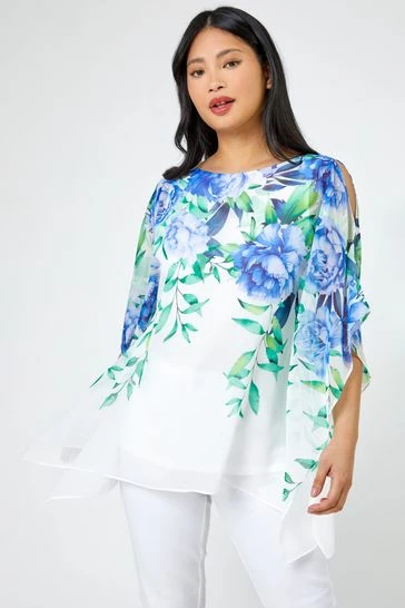Roman White Petite Floral Print Cold Shoulder Top 7 Roman White Petite Floral Print Cold Shoulder Top - Image 5