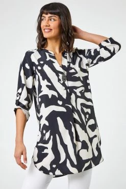 Roman Black Abstract Print Notch Neck Blouse
