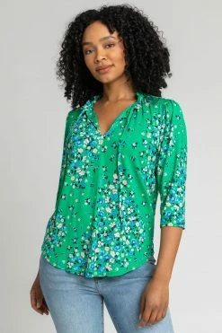 Roman Green Petite Floral Print Tie Neck Top