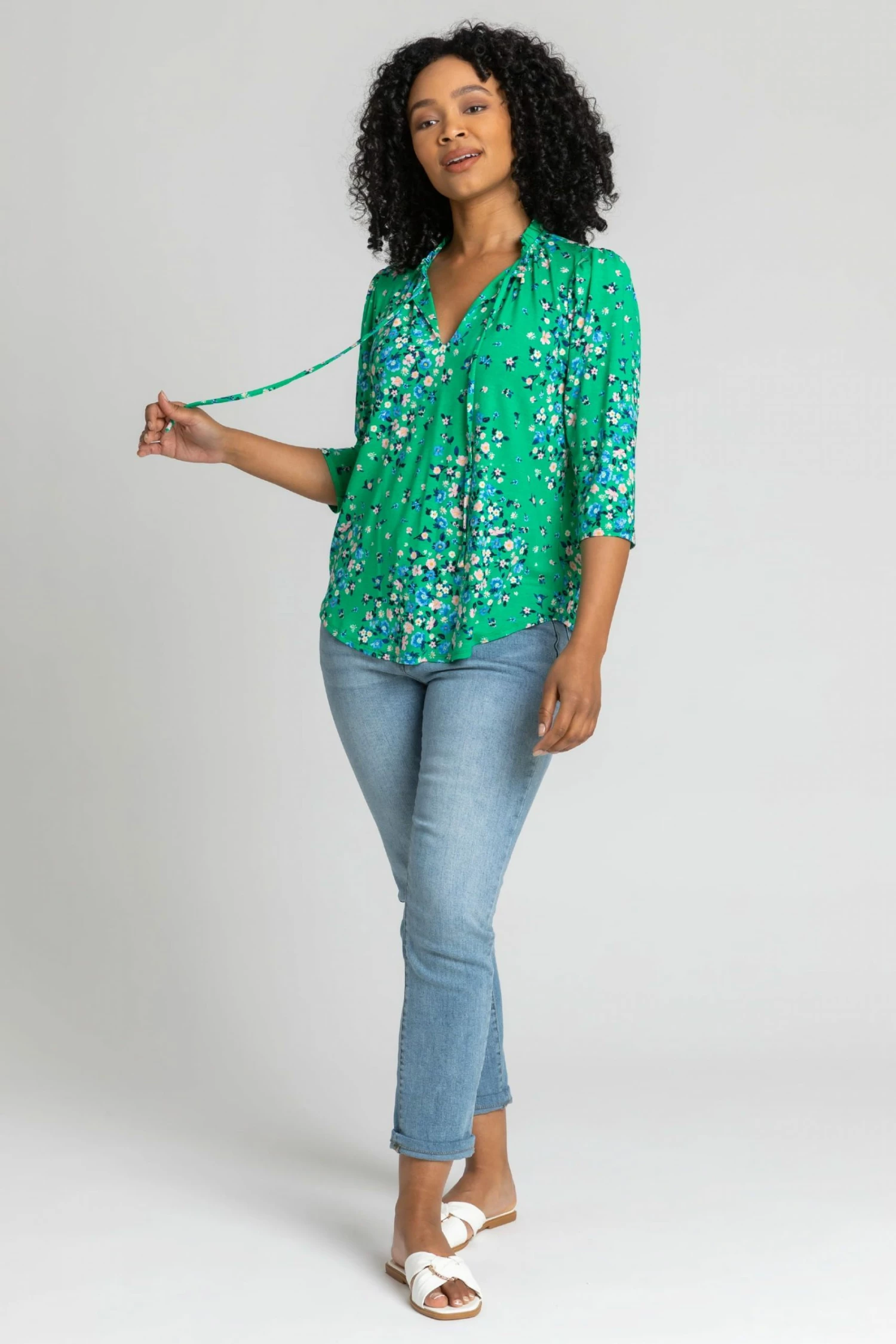 Roman Green Petite Floral Print Tie Neck Top 5 Roman Green Petite Floral Print Tie Neck Top - Image 3