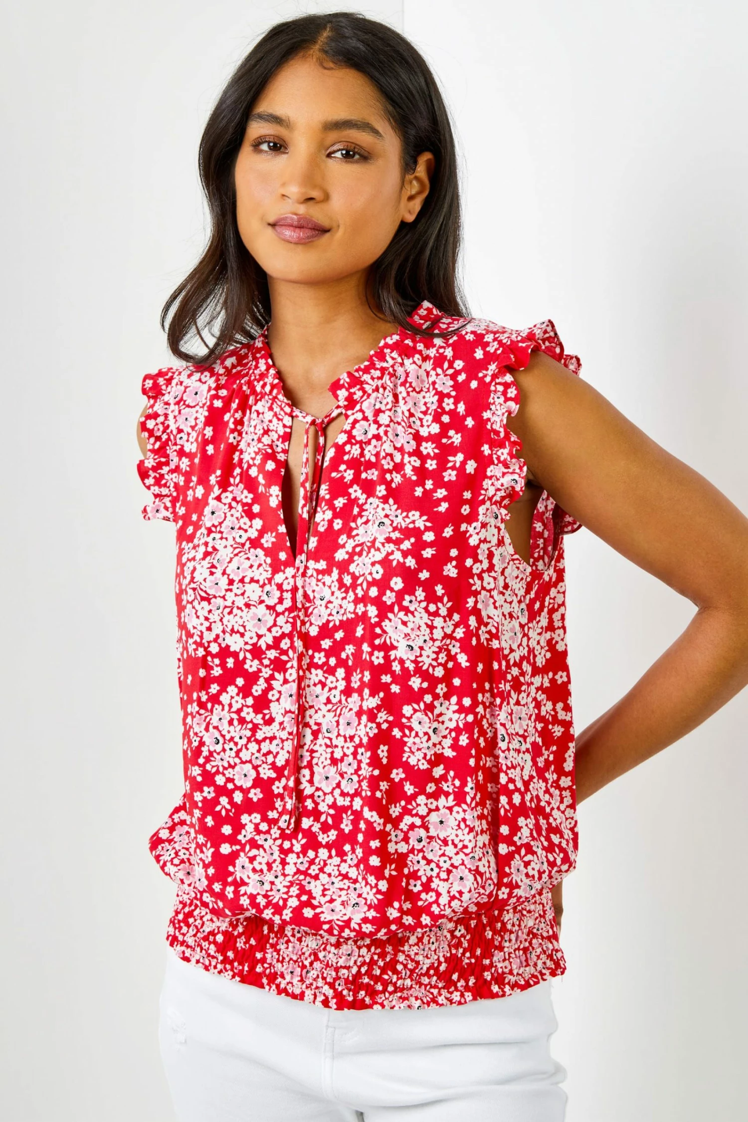 Roman Red Ditsy Floral Print Shirred Blouson Hem Top 3 Roman Red Ditsy Floral Print Shirred Blouson Hem Top