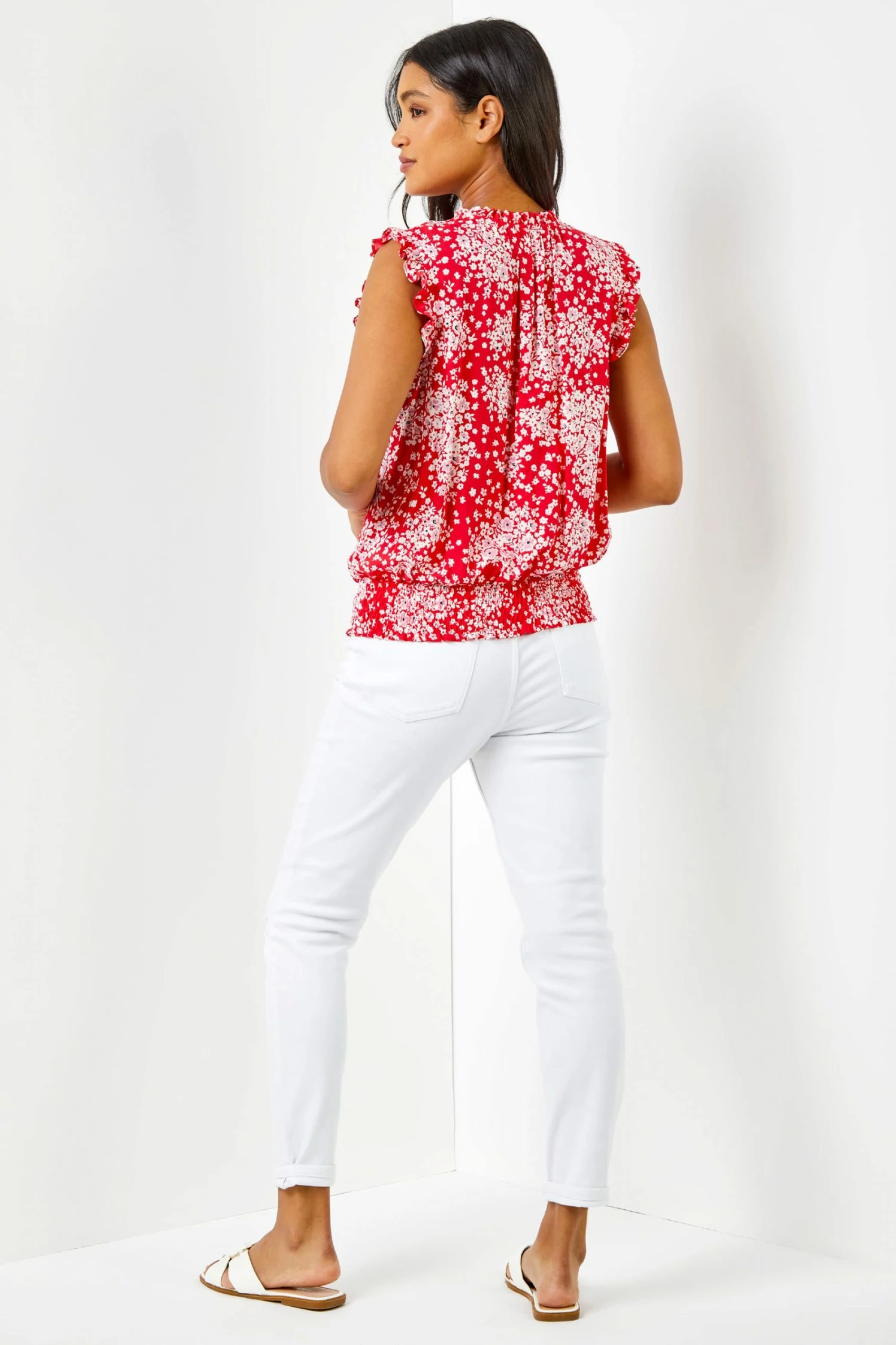 Roman Red Ditsy Floral Print Shirred Blouson Hem Top 4 Roman Red Ditsy Floral Print Shirred Blouson Hem Top - Image 2