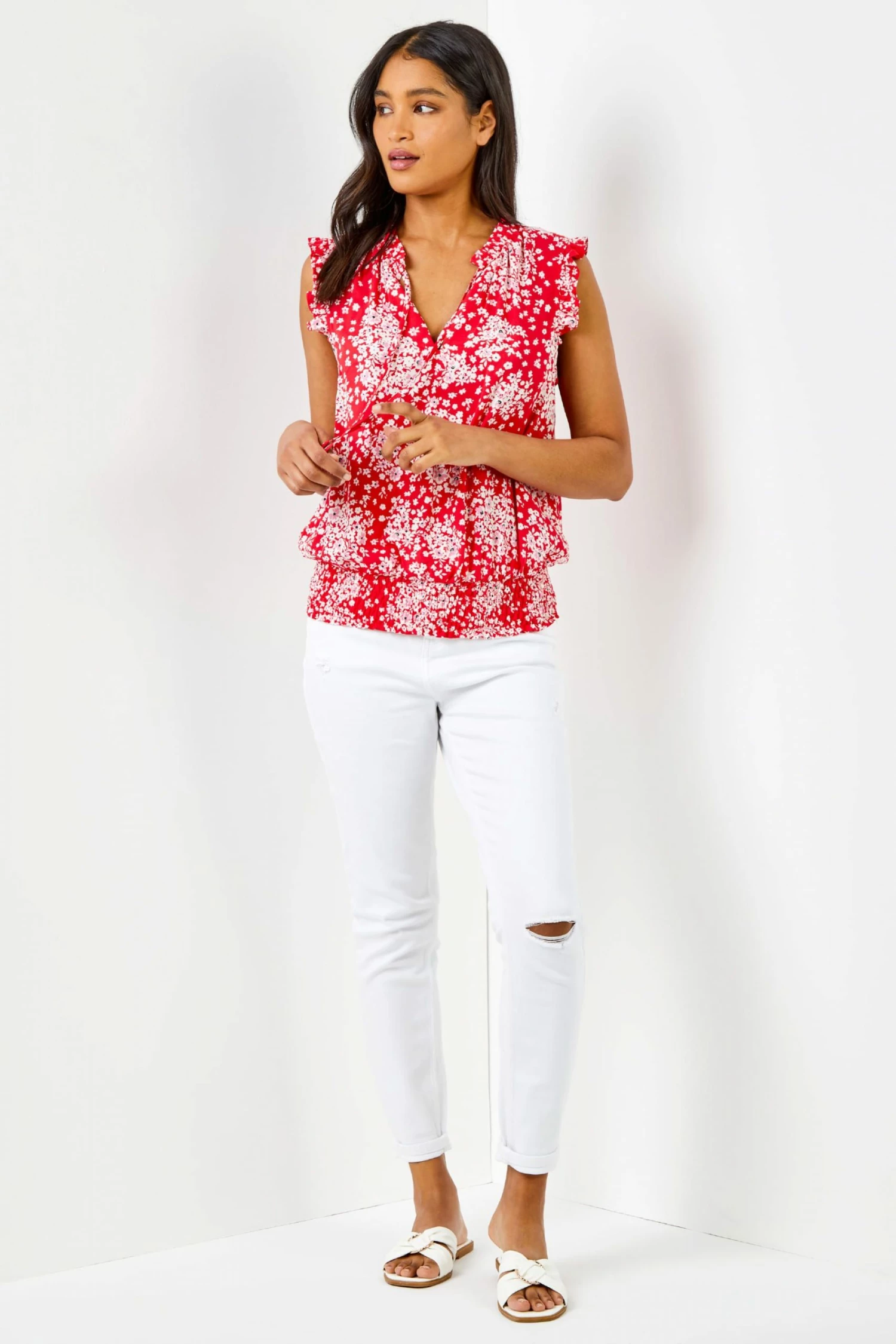 Roman Red Ditsy Floral Print Shirred Blouson Hem Top 5 Roman Red Ditsy Floral Print Shirred Blouson Hem Top - Image 3