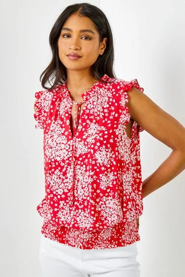 Roman Red Ditsy Floral Print Shirred Blouson Hem Top 7 Roman Red Ditsy Floral Print Shirred Blouson Hem Top - Image 5