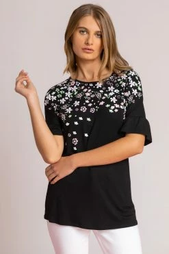 Roman Black Floral Print Frill Sleeve Top