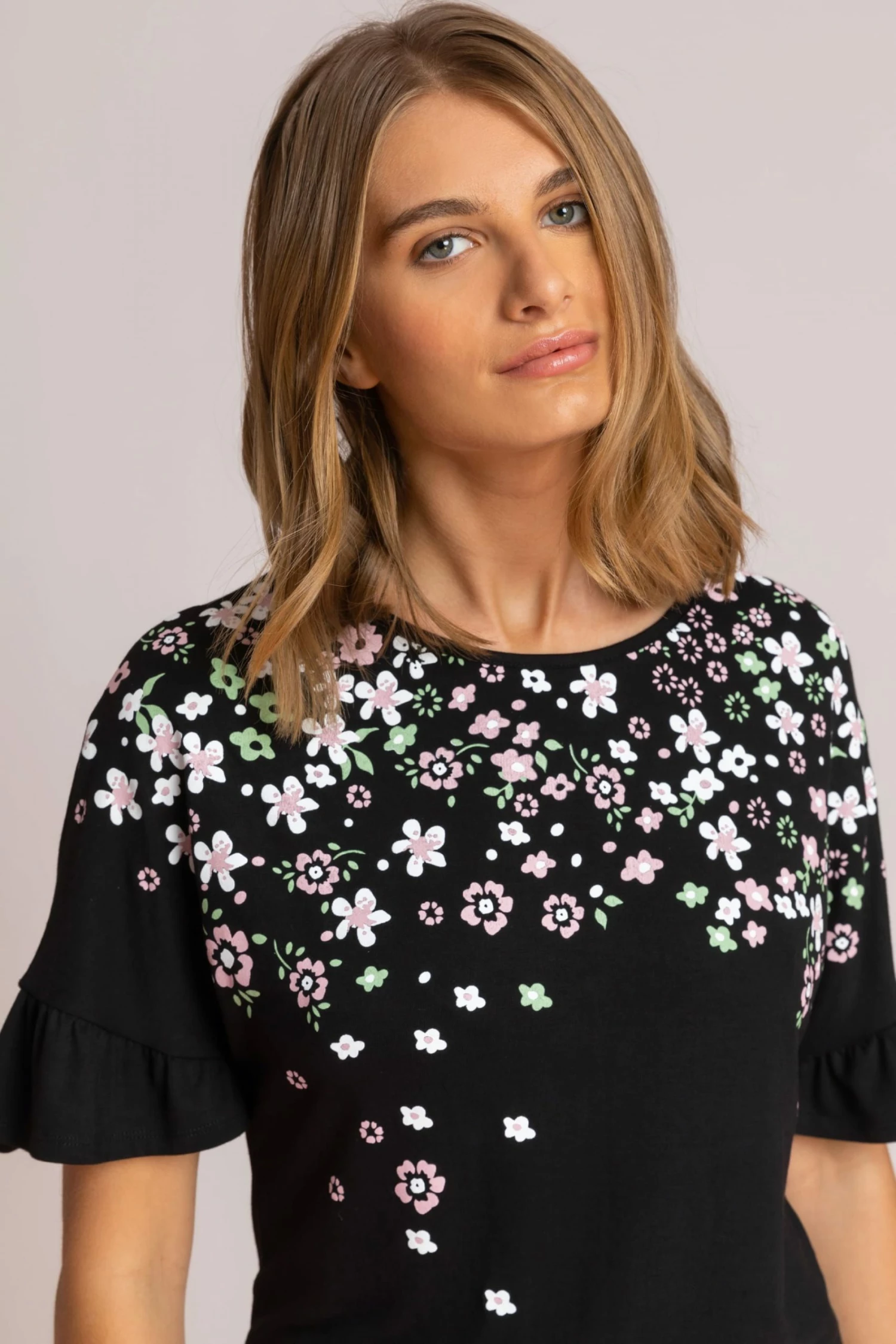 Roman Black Floral Print Frill Sleeve Top 6 Roman Black Floral Print Frill Sleeve Top - Image 4