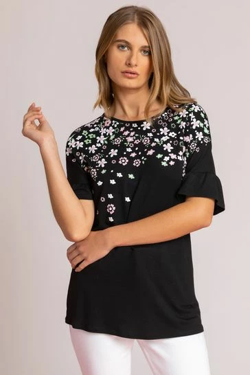 Roman Black Floral Print Frill Sleeve Top 7 Roman Black Floral Print Frill Sleeve Top - Image 5