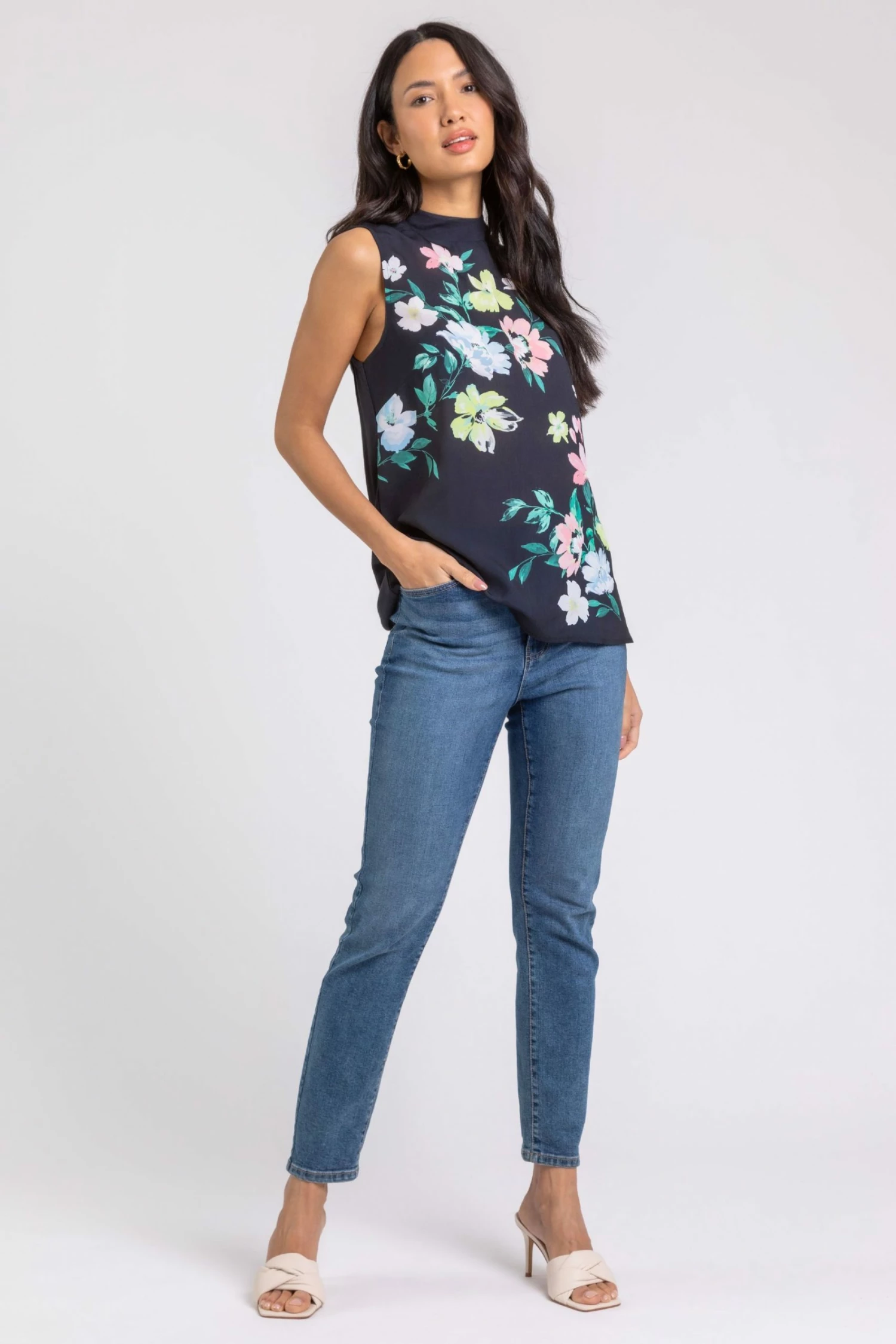 Roman Black Floral Print Tie Neck Detail Top 4 Roman Black Floral Print Tie Neck Detail Top - Image 2