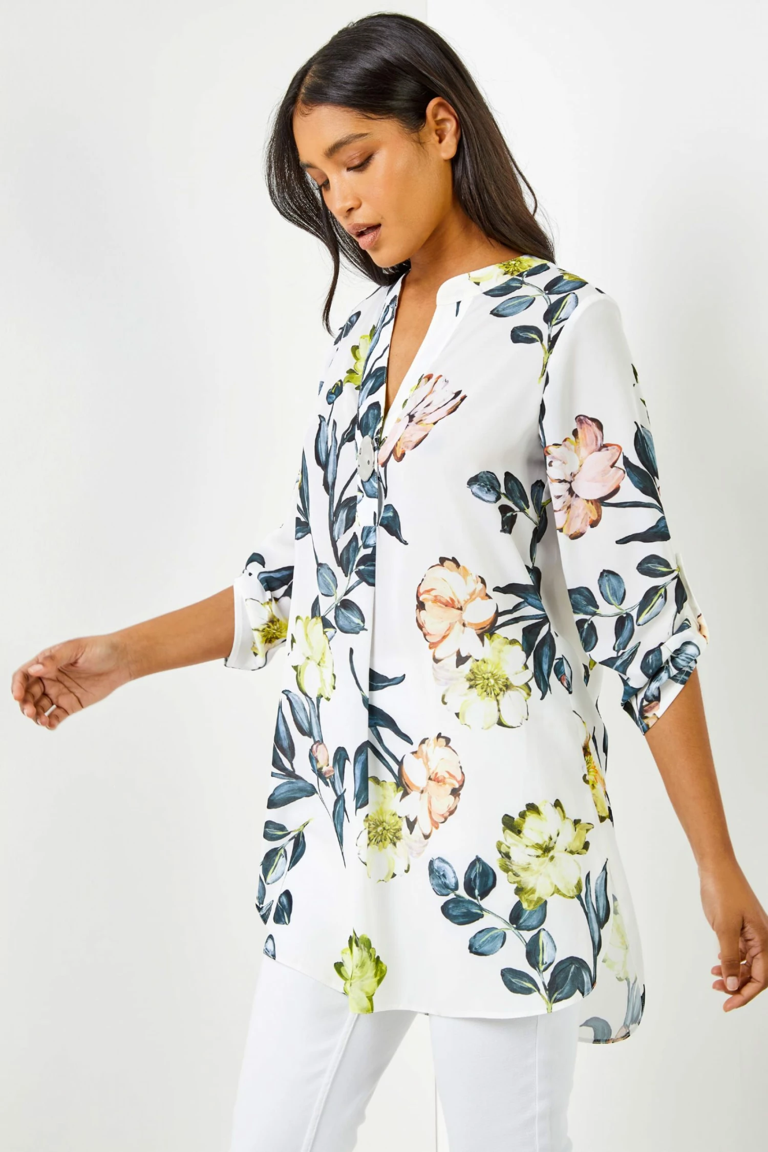 Roman White Multi Longline Button Detail Floral Print Top 3 Roman White Multi Longline Button Detail Floral Print Top