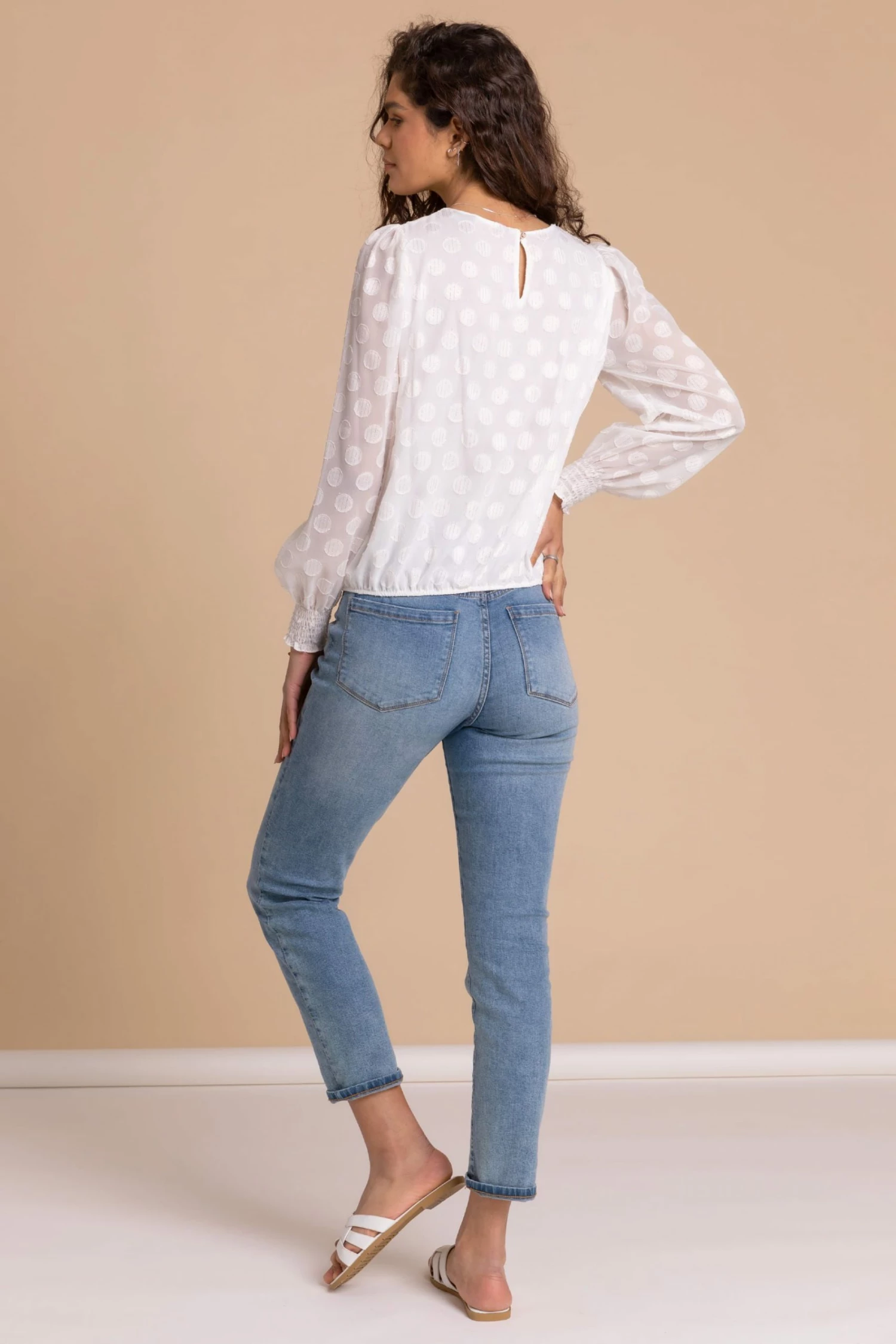 Roman White Textured Spot Shirred Cuff Top 4 Roman White Textured Spot Shirred Cuff Top - Image 2