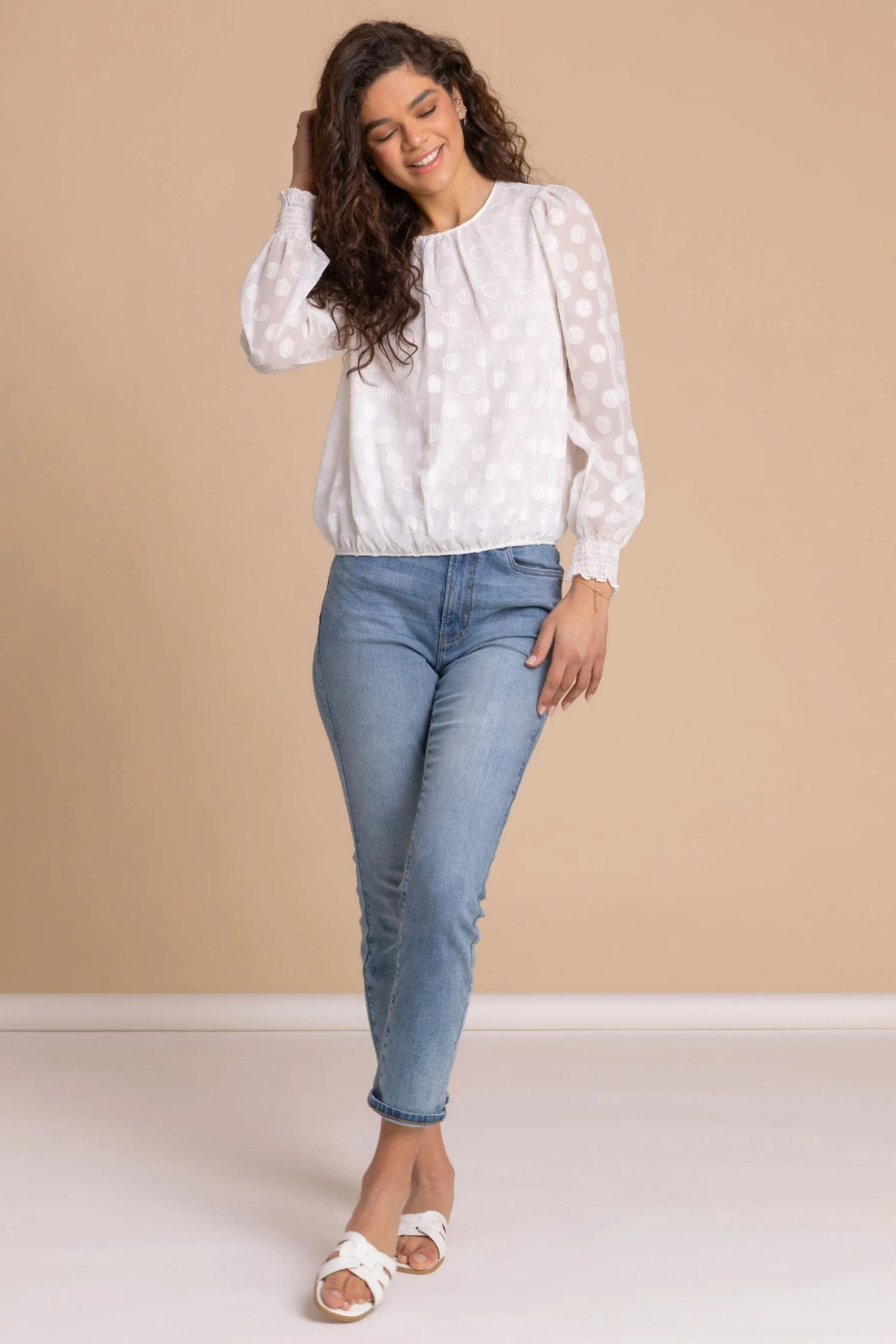 Roman White Textured Spot Shirred Cuff Top 5 Roman White Textured Spot Shirred Cuff Top - Image 3